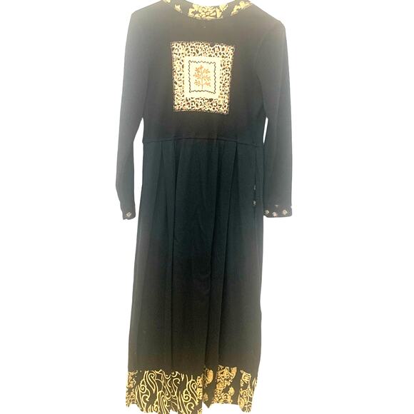 Surya Patch Beaded Midi Dress M Black Batik Accent Boho Patchwork Pockets Sheath - Picture 2 of 8